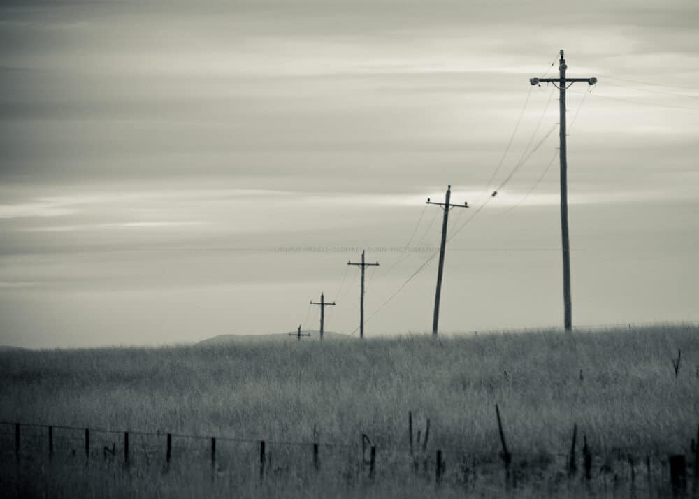 Telegraph poles resemble crosses as they disappear over a hil